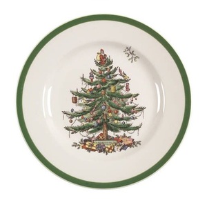 Assiette de service en acier blanc thermolaqué de forme arrondie avec autocollant, pour servir différents plats délicieux, bordure verte - Product Image 1