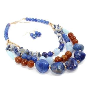 Nouveau collier vintage multicouche en résine perlée avec pendentif en pierre naturelle bleue et marron, parure de bijoux plaqué or pour femme pour les soirées - Product Image 5