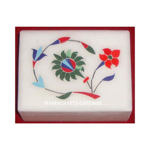 Caja de Regalo de Joyería de Mármol Blanco con Acabado Fino y Pulido Suave, Diseño de Incrustaciones de Flores en Forma Rectangular para Festividades - Product Image 1