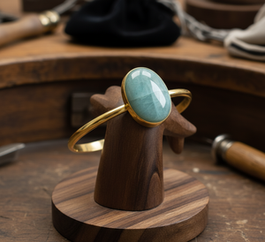 Handcrafted Natural Amazonite Cabochon 925 Sterling Silver <b>Beaded</b> <b>Bracelet</b> 14k Gold Bohemian Men's Size Adjustable Open - Product Image 3