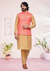 ผู้ผลิตอินเดียปาร์ตี้สวมผ้าไหมออกแบบ Sadi พิเศษผู้ชายแบบดั้งเดิมและหนัก Kurta พร้อมชุดนอนและเสื้อแจ็คเก็ตโคติขายส่ง - Product Image 3