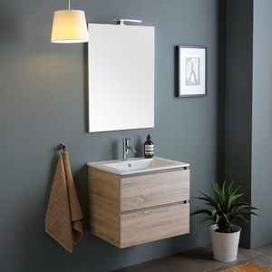 Meuble de salle de bain de 60 cm avec 2 tiroirs effet bois, miroir et lampe Belize, ensembles de salle de bain - Product Image 1