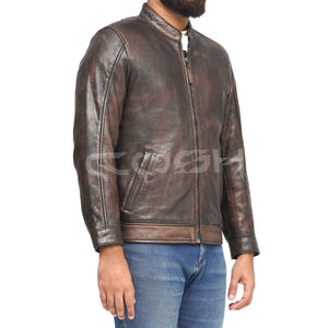 เสื้อแจ็คเก็ตหนังแท้สีน้ำตาลโบราณทรงสลิมฟิตสำหรับผู้ชาย COSH |   ซิป YKK แบบทำมือสไตล์วินเทจสำหรับรถคาเฟ่เรเซอร์ - Product Image 4