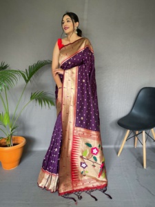 SAREE DE SEDA PURA PAITHANI CON PALLU TEJIDO RICO PAITHANI CON BORLAS Y PATRÓN MOTTIF ÚNICO - Product Image 2