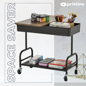 Industrial 2-Tier Utility Cart With <b>Wheels</b> Wood Top Metal Frame Storage Rack for Living Room Office Organizer - Product Image 4