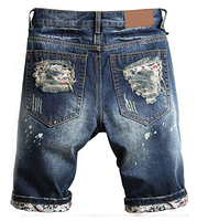 Pantalones Cortos de Mezclilla Desgastados para Hombre, Corte Recto, Casuales, de Verano, de Algodón, con Diseño de Parches, Cintura Media