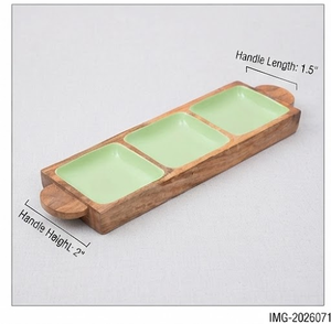 Wooden Rectangular Tray With Three Green Enamel Compartments <b>Rustic</b> Design Handle 1.5 Inch Length 2 Inch Height Single Piece - Product Image 1