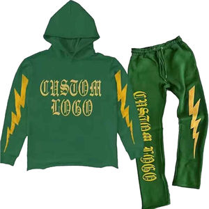 Sudadera con capucha de peso pesado para hombre, con logo bordado personalizado OEM, efecto desgastado, lavado ácido, estilo chándal con pantalón acampanado - Product Image 1