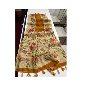 Sari de lino con estampado digital de ropa tradicional clásica con estampado floral para niñas Sari de uso diario disponible para la venta desde India - Product Image 2