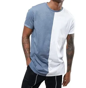 Erkek yüksek kalite % 100% pamuk erkek O boyun T Shirt özel Logo tasarım boy nervürlü ekip boyun T Shirt erkekler bölünmüş renk boyalı