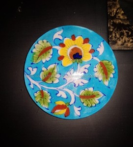 Multicolor Hand-Painted <b>Blue</b> Pottery <b>Coasters</b> Handmade <b>Blue</b> & Yellow Ceramic Round Floral <b>Coaster</b> Set - Product Image 4