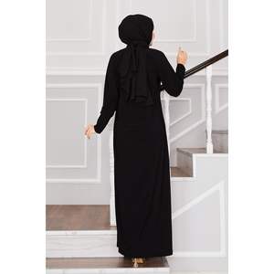 Sandy Black Hijab Dress with Open-Collar & Stone Details Long Crepe and Cotton Muslim <b>Abaya</b> for Summer Winter Sizes XS to 6XL - Product Image 4