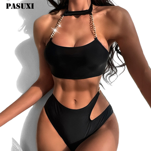 PASUXI Vente chaude Maillot de bain deux pièces à chaîne métallique de couleur unie tendance Maillot de bain sexy Bikini pour femmes - Product Image 1