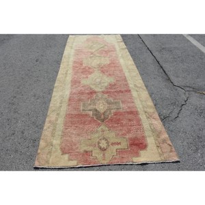 Alfombra turca Vintage 4,1X10,7 pies rojo Beige lana Kilim área grande rectángulo abstracto diseño de pasillo 10mm látex 4ª habitación - Product Image 1