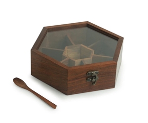 Handcrafted Hexagonal <b>Spice</b> Box With Spoon In Sheesham Wood <b>Spice</b> Box With Spoon In Teak Wood <b>spice</b> container with spoon wooden - Product Image 5