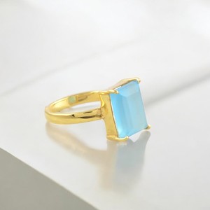 Anillo de declaración de Plata de Ley 925 hecho a mano, hermosa piedra preciosa de Calcedonia azul, bisel chapado en oro Natural, joyería con incrustaciones - Product Image 1