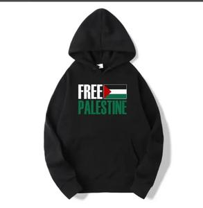 Sweat à capuche pour homme noir imprimé Free Palestine en coton French Terry, décontracté, pour l'automne, avec poche, coupe classique - Product Image 1