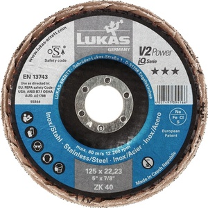 Disque à lamelles V2 POWER ZK 125 mm, grain 40, acier plat, corindon de zirconium, lot de 10, de LUKAS - Product Image 1