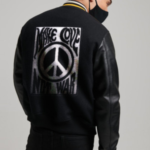 Hommes American Letterman Baseball School Team Varsity Jacket Laine noire et manches en cuir véritable Lignes noires/blanches - Product Image 2