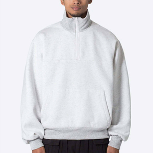 Mens Light Grey Quarter Zip Pullover Sweatshirt <b>Mock</b> <b>Neck</b> Long Sleeve Solid Color Casual Streetwear <b>Top</b> cotton blended - Product Image 3