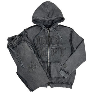 Custom Acid Wash Zip-Up Hoodie Sweat <b>Pants</b> Set 100% Cotton Distressed Embroidery Raw Edge Patch Tracksuit OEM Service Available - Product Image 3