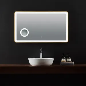 Espejo LED con marco dorado cepillado, espejo de tocador de maquillaje Rectangular multicolor, Espejos decorativos para Baño