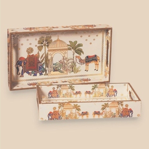 Plateaux de service indiens en bois, fabriqués à la main, avec des motifs d'éléphants et de palais Mughal, luxe pour le thé, le café et les cadeaux - Product Image 5