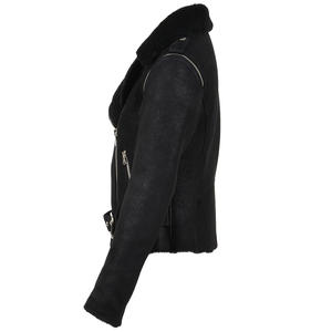 Vente en gros de veste de style motard chauffante pour femmes en cuir véritable de haute qualité avec col en fourrure fermeture éclair noire mode hiver - Product Image 4