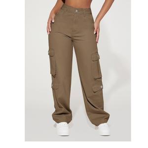 Pantalones cargo holgados de tiro alto de sarga informales personalizados para mujer con precios al por mayor, proveedor de bolsillos de BD - Product Image 3