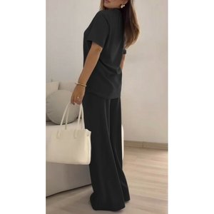 Conjunto de Dos Piezas para Mujer, Blusa de Manga Corta con Cuello Redondo de Viscosa de Dos Hilos y Pantalones, 35885 - Negro - Product Image 4