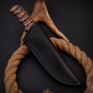 Custom Handmade Damascus Steel Hunting Skinner <b>Knife</b> Brown Wood Handle and Natural Leather <b>Sheath</b> OEM Supported - Product Image 4