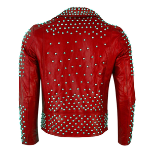 Chaqueta de motorista de cuero genuino con tachuelas Rojas Chaqueta de moto de estilo Rock Punk para hombres - Product Image 3