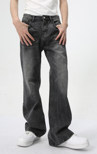 กางเกงยีนส์ทรงบูทคัทวินเทจสำหรับผู้ชาย ผ้าวอร์สเต็ด ปักลายตามสั่ง กันลม เอวกลาง ดีไซน์ทอสีพื้น ย้อมสีกลาง แต่งแพทช์ ขายส่ง - Product Image 3