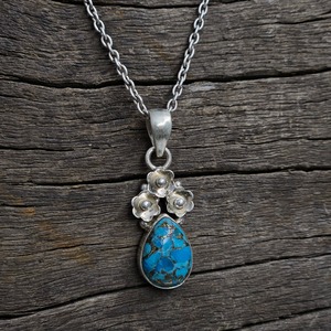 Tres pequeñas flores cobre turquesa plata colgante fiesta desgaste peso ligero plata colgante - Product Image 5