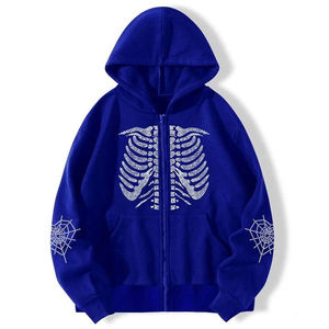 Sweat à capuche zippé surdimensionné 100% coton pour hommes, avec logo personnalisé, imprimé tête de mort en strass, sweat à capuche d'hiver épais teint en plaine - Product Image 1