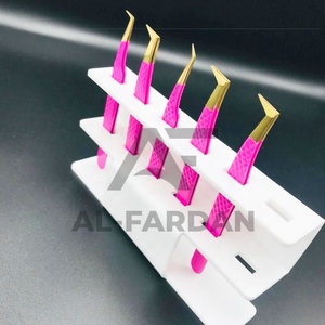 Japanese Stainless Steel Hot Pink Color Gold Tip Lash Tweezers with Acrylic <b>Stand</b> For Eyelash Tweezer Volume <b>Boot</b> - Product Image 3