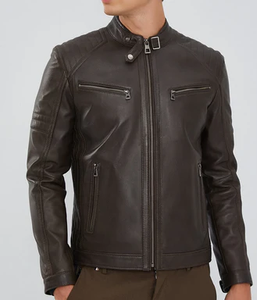Veste Biker Homme Marron Foncé 100% en Cuir avec Fermeture Éclair et Col Montant, Couleur Unie Décontractée pour Hiver - Product Image 2