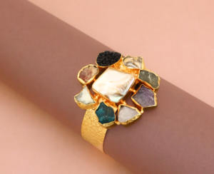 Women's Trendy Handcrafted 18K Gold-Plated Adjustable Cuff <b>Bracelet</b> with Natural Gemstones and Mother of <b>Pearl</b> Centerpiece - Product Image 2