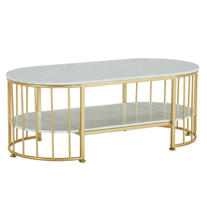 Contemporary Two-Tiered Sofa Table with Stone Top and Bronze <b>Frame</b> Living Room Furniture-TT68187 - Product Image 1