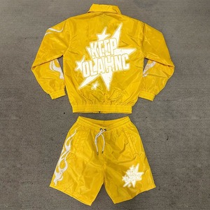 ชุดเสื้อแจ็คเก็ตกันลมกางเกงขาสั้นสองชิ้นสำหรับฤดูใบไม้ผลิของผู้ชายชุดวอร์มสะท้อนแสงซิประบายอากาศโพลีเอสเตอร์/ ผ้าฝ้าย - Product Image 2