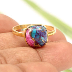 Anillo Fino de Plata de Ley 925 de 10x10mm para Mujer, Hecho a Mano, de Lujo, Chapado en Oro, con Dalia Morada, Cobre y Turquesa - Product Image 3