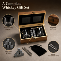 Ensemble de verres à whisky personnalisés SHUNSTONE avec sous-verres en ardoise, pierres à whisky, pinces, boîte en bois, logo d'entreprise, cadeau pour cadres
