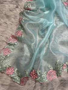 ผ้าส่าหรีผ้าไหมออร์แกนซ่าเนื้อนุ่มงานปักแบบดั้งเดิมงานตัดขอบสไตล์ปากีสถานสำหรับงานเลี้ยงงานแต่งงาน - Product Image 4
