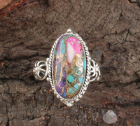 Bague ovale réglable en dahlia rose et turquoise, en argent sterling 925 massif, pierre précieuse artisanale, pierre de naissance de décembre, bijoux en gros