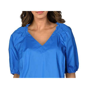 Camicetta da Donna Alfani con Scollo a V e Arricciature, Top Traspirante in Popeline e Seta con Logo Ricamato, Blu Lungo Taglia XL per Ufficio - Product Image 2