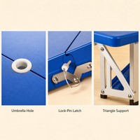 Ensemble de table de pique-nique pliable bleu royal, table d'extérieur portable en plastique avec 4 tabourets, trou pour parasol, mobilier de camping