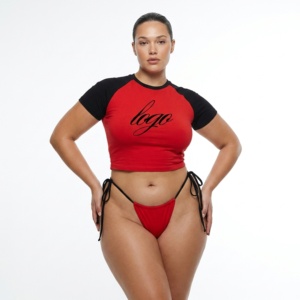 Ensemble de bikini rouge grande taille pour femme, haut court avec logo imprimé et bas string, maillot de bain écologique en spandex et polyester - Product Image 1