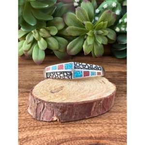 Vintage Navajo Turquoise & Coral Sterling <b>Silver</b> Flake Design Fashionable <b>Cuff</b> <b>Bracelet</b> - Product Image 1