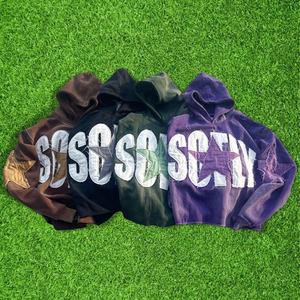 Custom Fashion Streetwear Hoodie Cropped Distressed Embroidery Heavyweight 500gms Acid Wash Hoodie Sweatshirt Set - Product Image 4