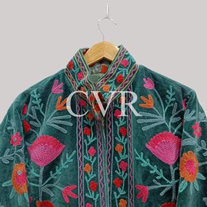 Manteau en velours brodé à la main à motif floral, col mandarin, manches longues, grande taille, vêtements d'extérieur décontractés pour femmes, automne - Product Image 4